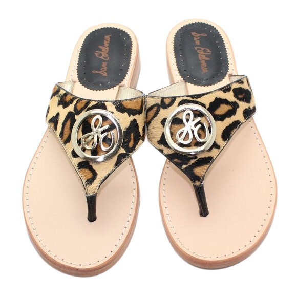 SAM EDELMAN Genuine Calf Fur Leopard Print Thong Slip On Sandal Shoes - Size 8M - Picture 1 of 3